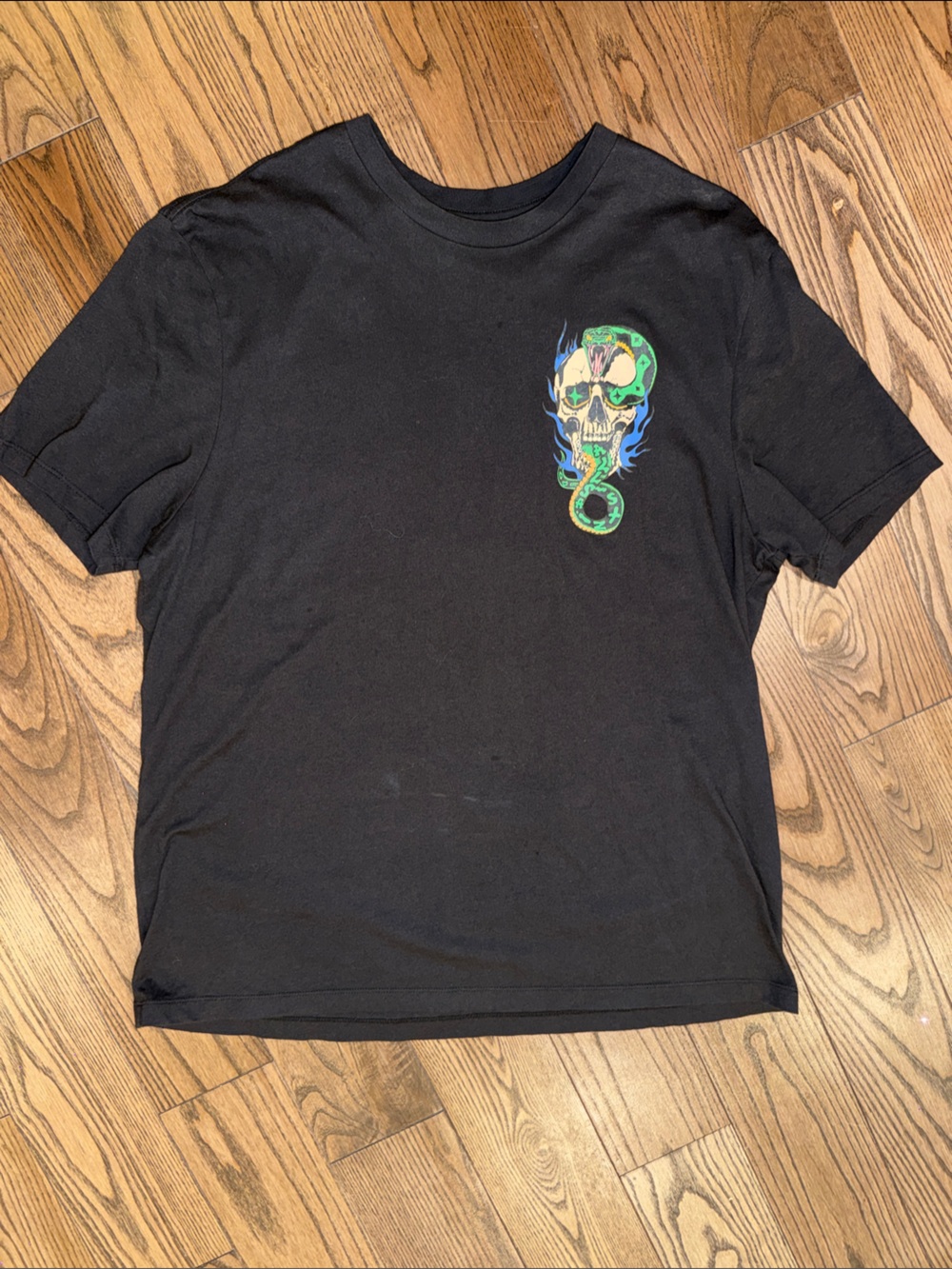 All Saints Black Tee with Neon Snake Skull Graphic